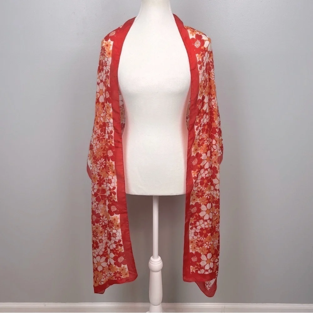 Bijoux Terner 100% silk pink & orange floral daisy print scarf.